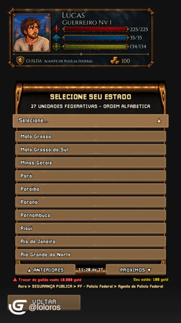 Seleção de estado e carreira